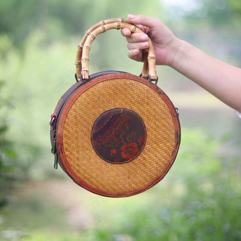 Women'S Retro Bags - Round Bamboo Woven Xiangyun Fabric Crossbody